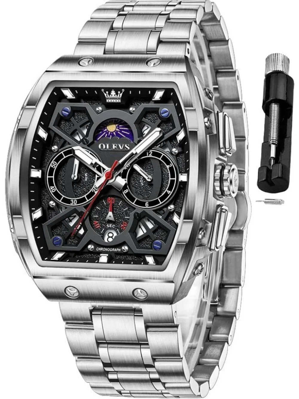 Men's Silver Black Chronograph Big Square Analog Stainless Steel Date Watch
